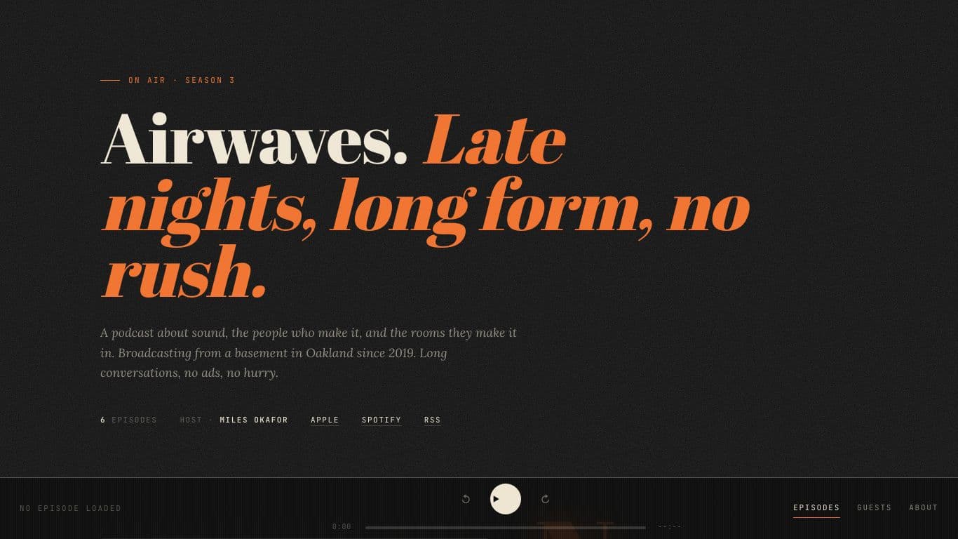 Airwaves: a podcast site with every episode and a player, the top of its page at laptop width