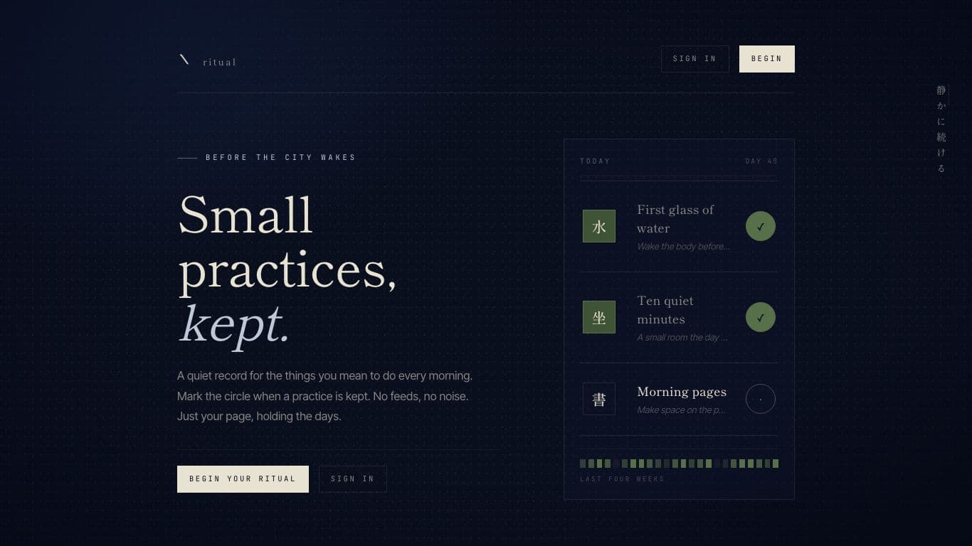 Habits: a daily habit tracker with a shareable plaque, the top of its page at laptop width