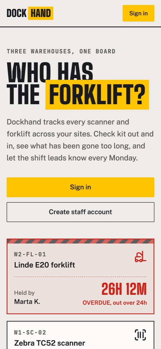 Dockhand, an equipment tracker showing a forklift overdue after 24 hours in red, open on a phone at dockhand.instroc.app