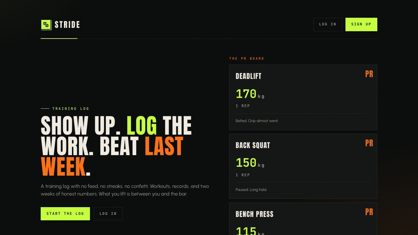 Stride: a training log of workouts and personal records, the top of its page at laptop width