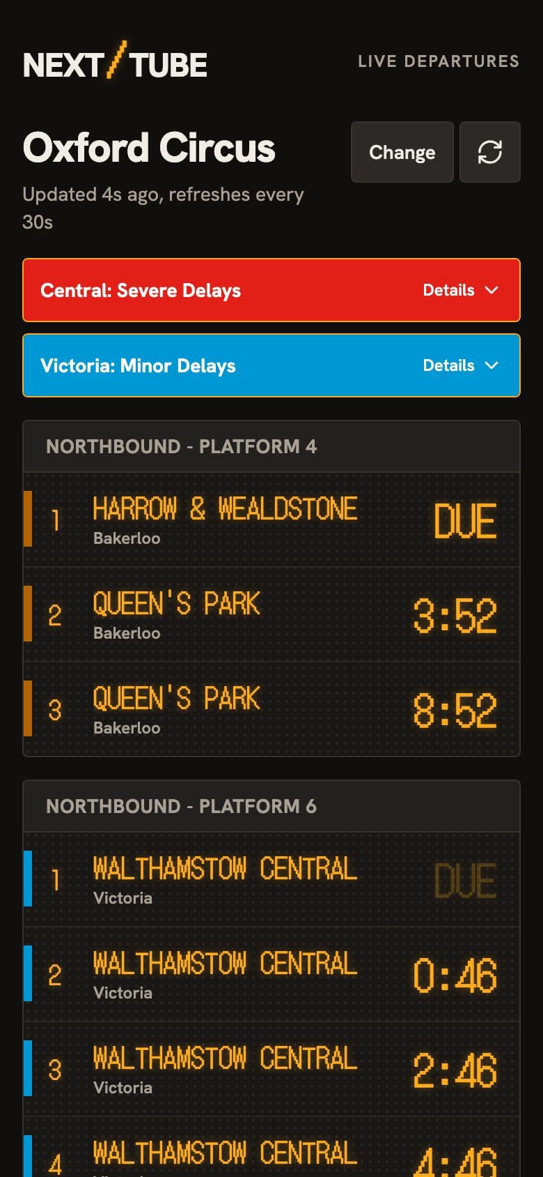 Next Tube: live London Underground departures, every platform counting down, at Oxford Circus on a phone