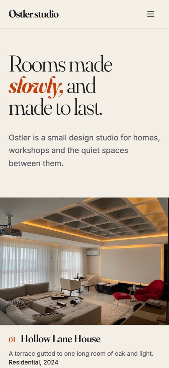 Ostler Studio, a design studio portfolio set in the typefaces and colours from its sentence, open on a phone at ostler-studio.instroc.app