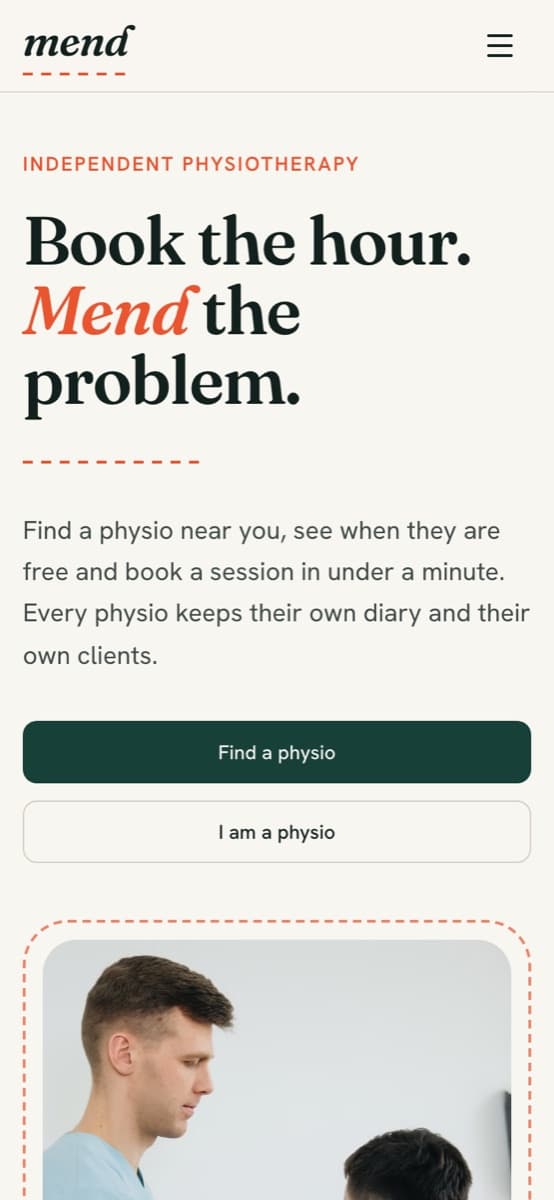 Mend, a booking app where clients find an independent physiotherapist and book a session, open on a phone at physio-diary.instroc.app