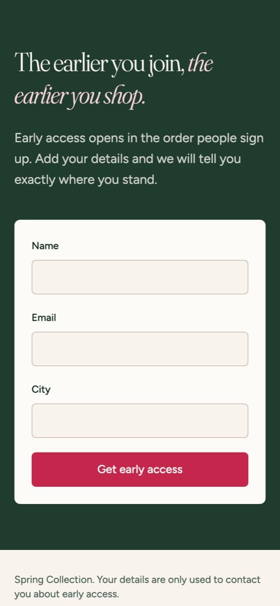 The early-access form of Spring Collection, a launch page that saves name, email and city, open on a phone at spring-early-access.instroc.app