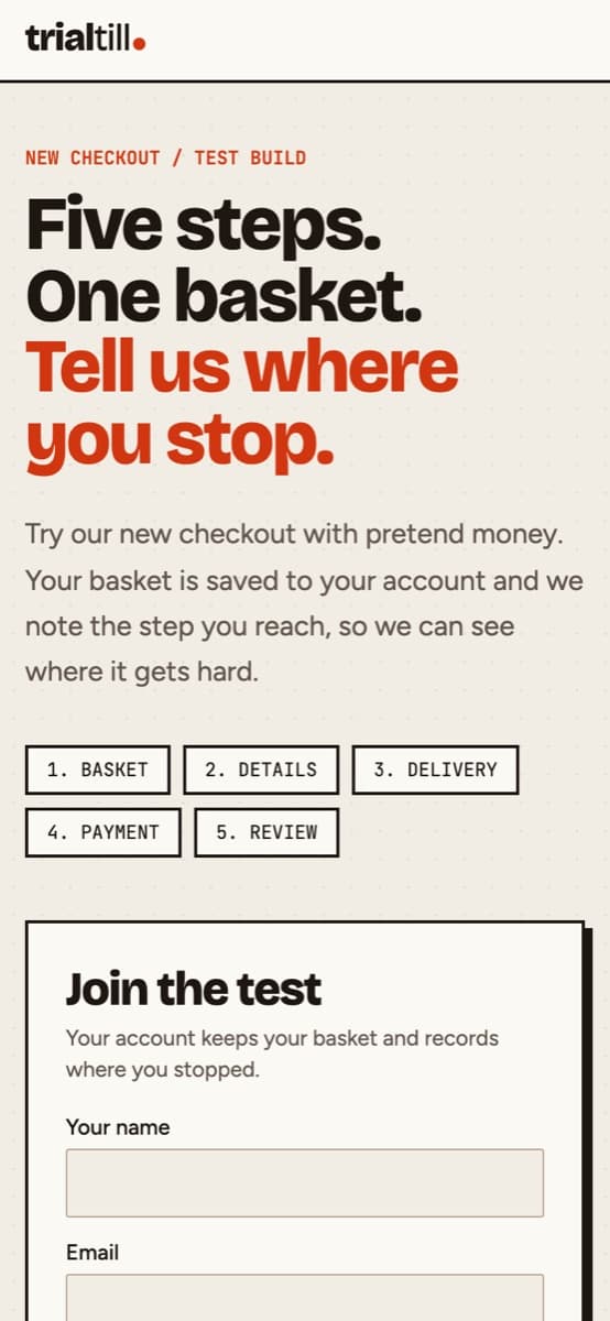 trialtill, a five-step checkout test with tester sign-in, open on a phone at checkout-trial.instroc.app