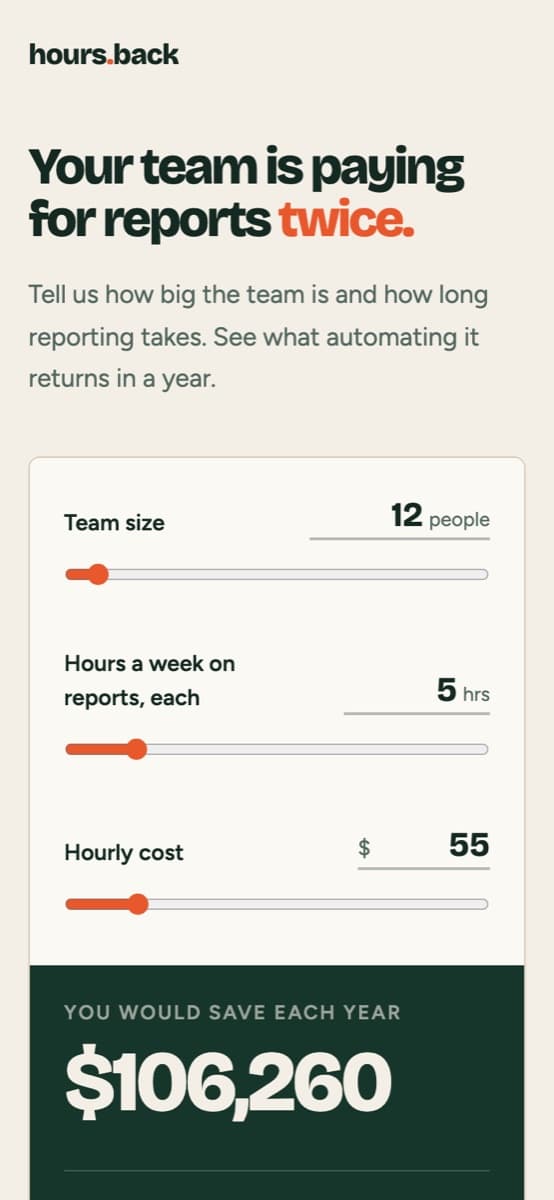 Hours Back, a savings calculator showing a yearly saving from team size, hours and cost, open on a phone at hours-back.instroc.app