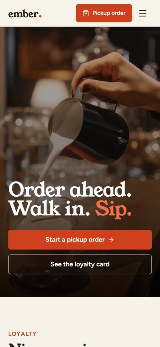 Ember, a cafe app with pickup orders and a stamp card, open on a phone at ember-cafe.instroc.app