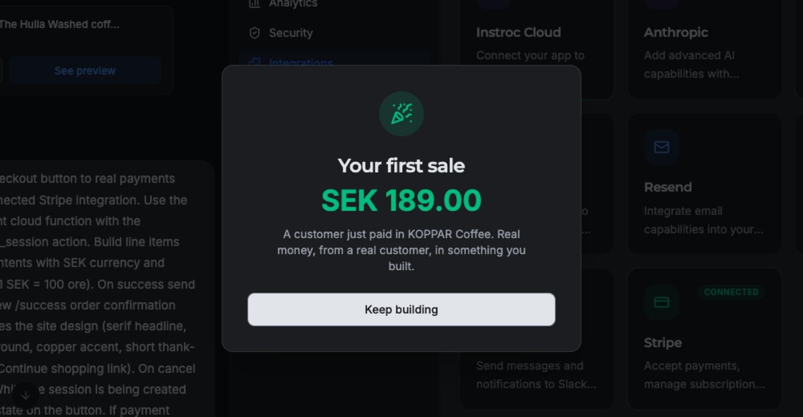 The payment landing in the dashboard