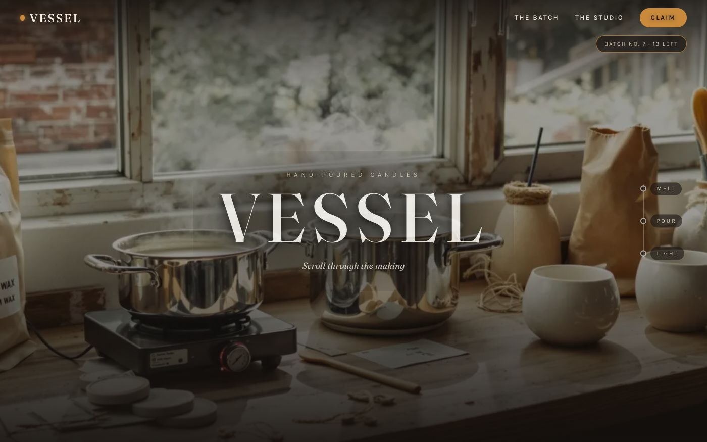 The Vessel template's opening screen: a candle studio scene that plays through as you scroll