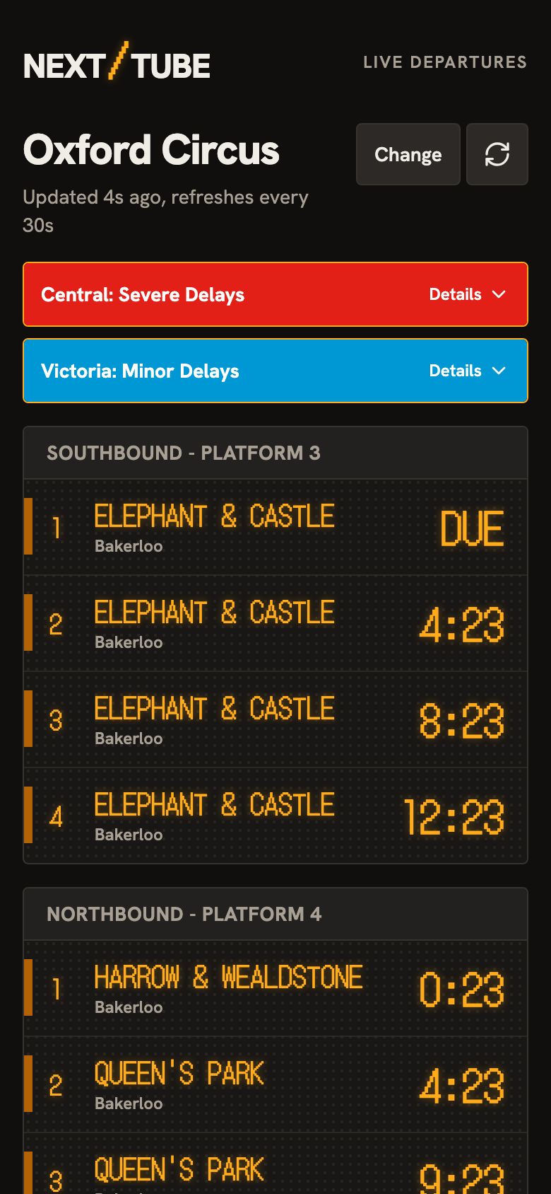 Next Tube at Oxford Circus: the line status bars and every platform counting down to its next trains.